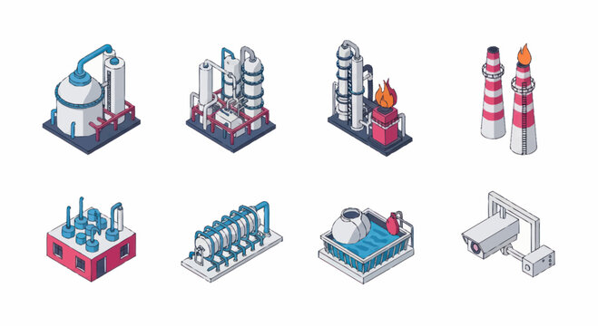 Set of isometric industrial factory buildings and security camera.