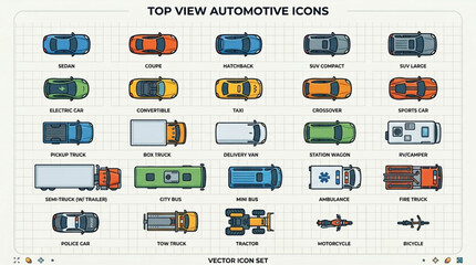 Top View Automotive Icons Collection Transportation Vehicles. © Varel