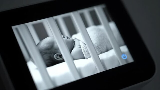 Newborn baby sleeping peacefully in crib while being monitored by a digital baby monitor device at night