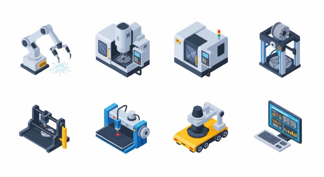 Set of industrial machines and robotic arms in isometric view.