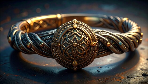 Celtic torque bracelet with intricate knotwork design on dark textured surface