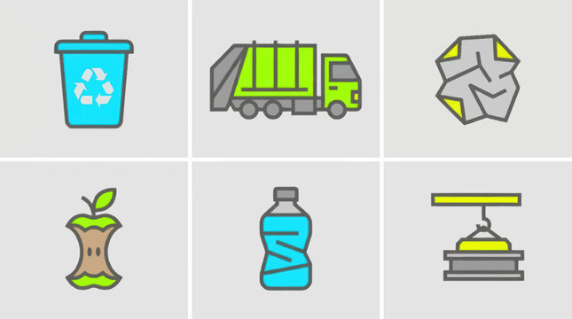 Collection of icons representing waste management and recycling.
