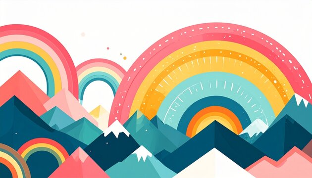 Colorful geometric rainbow arcs over abstract mountain landscape