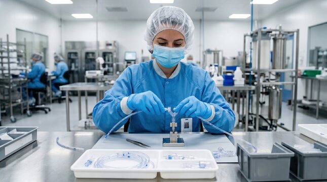 Technician connects catheter tubing to sterile component, showing precision assembly and clean medical device manufacturing workflow.