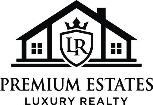 Luxury real estate logo with house silhouette and crown crest, premium estates branding vector, elegant property management emblem with LR initials