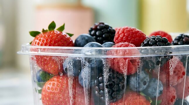 Fresh mixed berries in a clear plastic container with condensation for healthy snacking