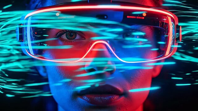 Closeup of person wearing futuristic glowing glasses