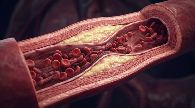 Blocked blood vessel artery poor circulation risks heart health concept. Detailed anatomical view of blood vessel and flowing blood cells.