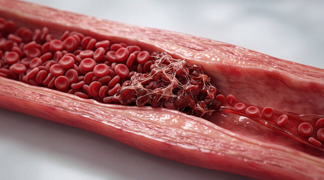Blood clot thrombus blocking red blood cells stream artery concept. Detailed close-up of blood vessel with blood cells and clot.
