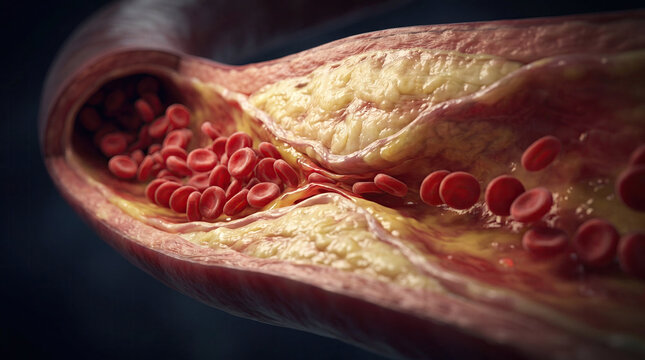 Blocked blood vessel artery poor circulation risks heart health concept. Detailed close-up of blood vessels illustrating health concepts.