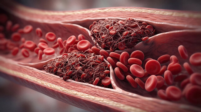 Blood clot thrombus blocking red blood cells stream artery concept. Detailed depiction of blood clot and red blood cells in artery.