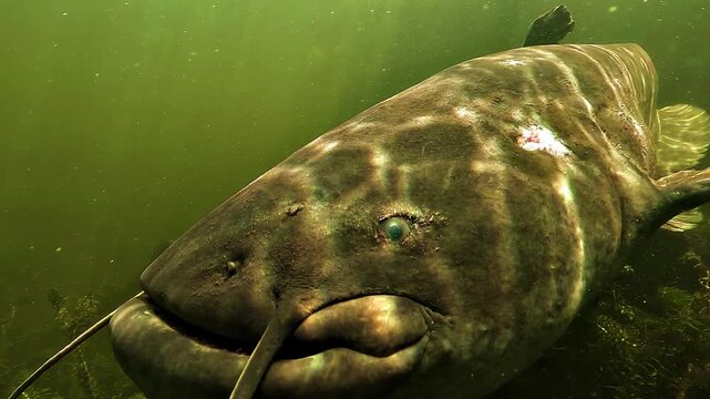 Terrifying close up of a large wels catfish - Silurus glanis - approaching the camera, showing its small eye and an open head scar from a fight.