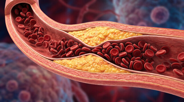 Blocked blood vessel artery poor circulation risks heart health concept. Detailed illustration of a blood vessel with cholesterol buildup.