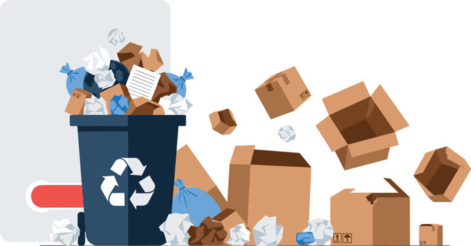 Full Trash Bin with Overflowing Cardboard Boxes and Recyclable Waste Materials for Environmental Conservation, Waste Management, Recycling Industry, and Pollution Awareness Vector Illustration