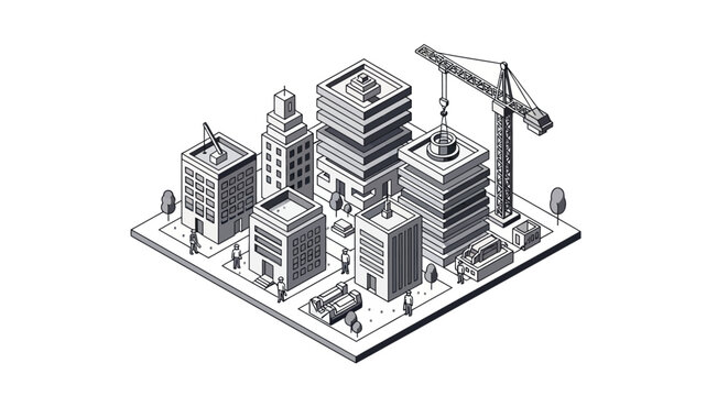 Detailed isometric illustration of a modern city block showcasing urban development, ongoing construction, and architectural progress with buildings and a prominent crane