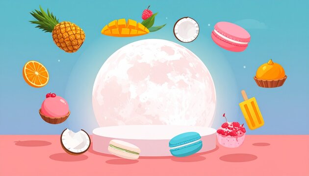 Floating tropical fruits and desserts around large moon in pastel sky