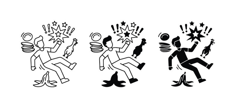 Man Slipping on Banana Peel, Falling Accident, Danger Icons Set