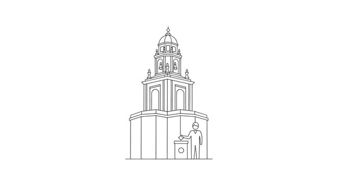 Person Casting Vote at Public Building Line Art