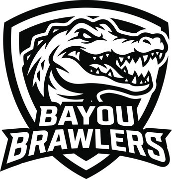 Bayou Brawlers alligator mascot logo, aggressive crocodile sports emblem on shield, black and white swamp reptile vector illustration for gaming