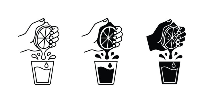 Citrus Squeezing Icons, Fresh Juice Extraction, Hand Pressing Fruit, Vector Graphics