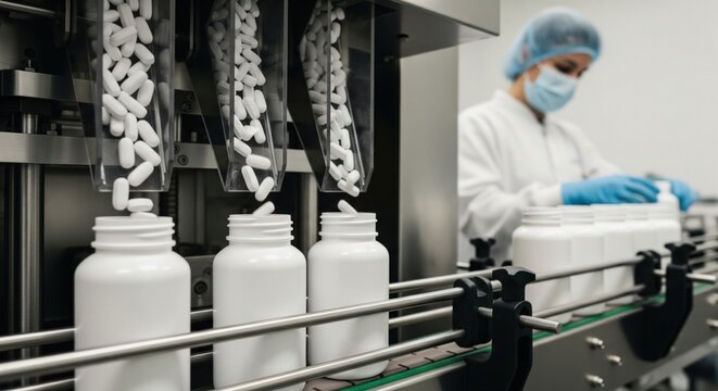 Automated tablet counter fills plain medicine bottles, showing pharmaceutical packaging, dosage control and clean production workflow.