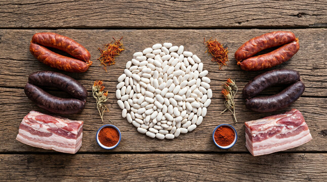 Top down view of Fabada Asturiana ingredients on aged chestnut wood