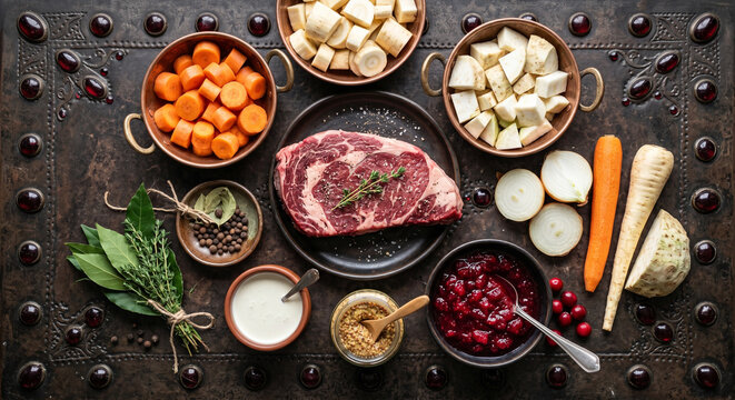 Hyper-realistic top down view of Dobos Torte ingredients on Zsolnay porcelain tile