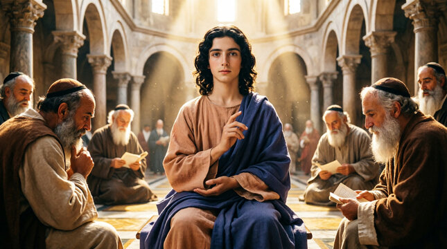 Young Jesus amazes temple elders with divine wisdom and knowledge at age twelve.