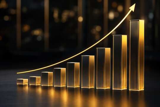 Golden Bar Graph with Rising Arrow Representing Financial Growth Passive Income and Wealth Accumulation in Modern Business Environment