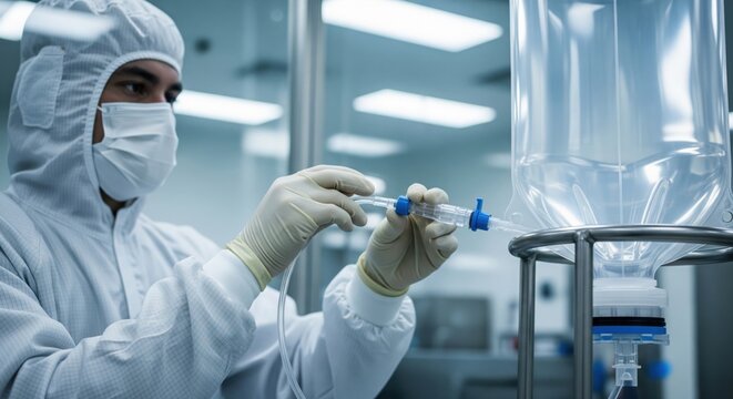 Cleanroom technician connects sterile tubing to single-use process bag, showing vaccine bioprocess setup and contamination controlled transfer.
