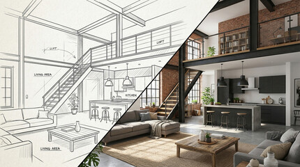 Fototapeta premium 3d. Interior house modern open living space with kitchen.Loft style Duplex apartment residence.Home decoration interior design.drawing line sketch to realistic