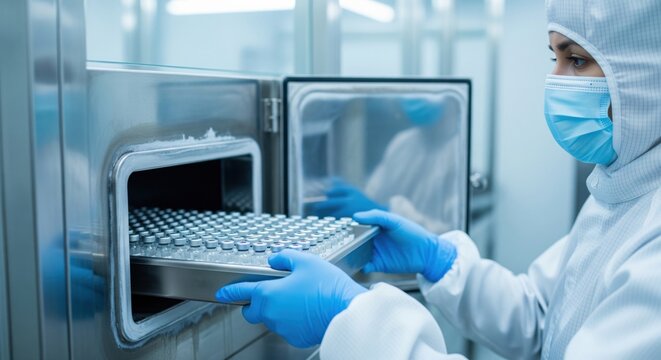Technician guides tray of vaccine vials into freeze-drying chamber, showing lyophilization stage and sterile biotech manufacturing.