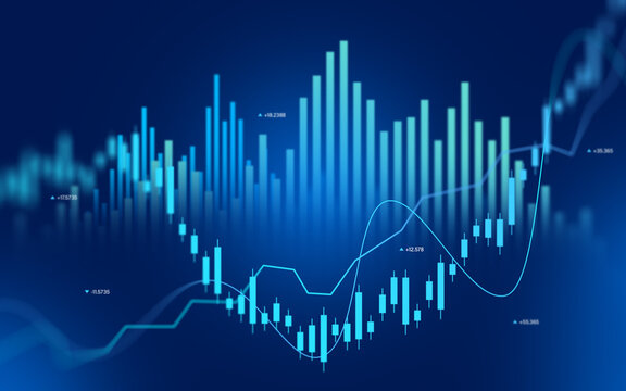 Business financial growth chart with glowing upward arrow and stock market data analysis background