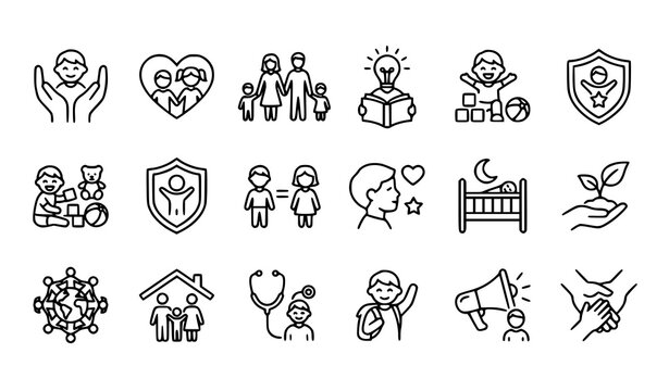 Child Care and Parenting Line Icon Set &ndash; International Children&rsquo;s Day and Kids Rights Vector Collection