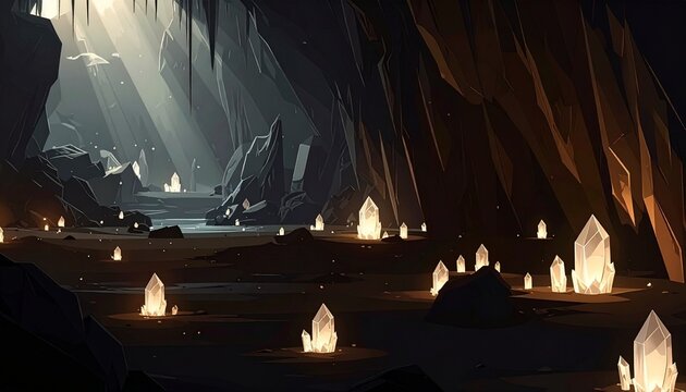 Floating crystal candles illuminating dark cavern with dramatic lighting