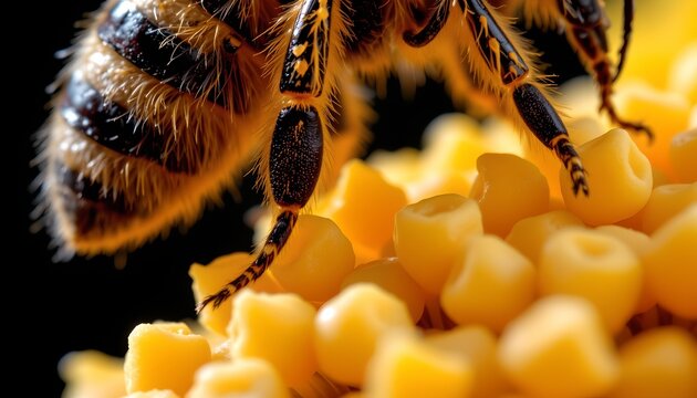 The image shows a close up of a bee gathering nectar or pollen from a cluster of small, round, yellow objects that resemble grains or kernels