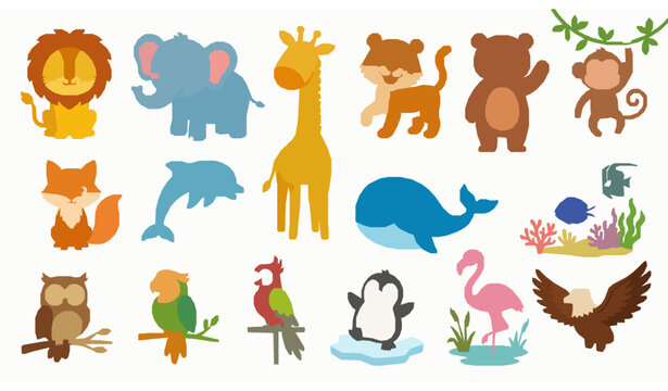Wild animals fish and birds vector cartoon set for children