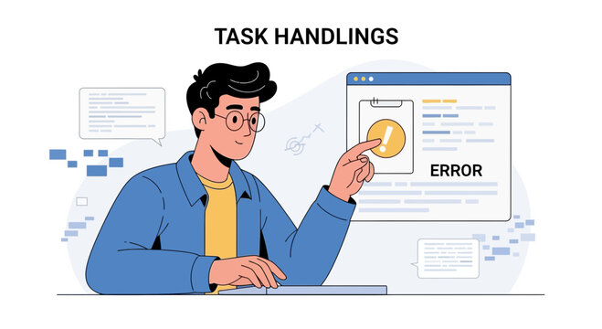 Man points to computer screen showing error message and warning icon