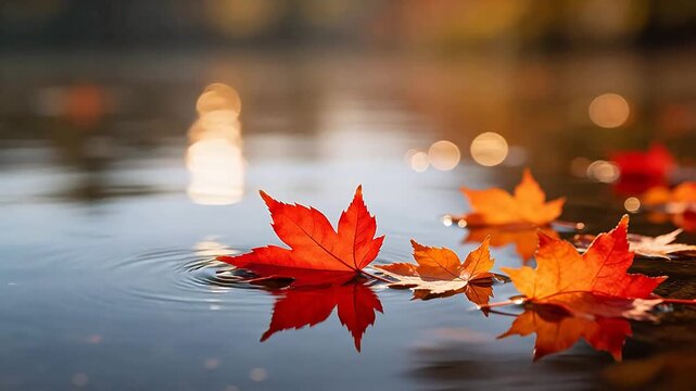 Autumn leaves floating on water