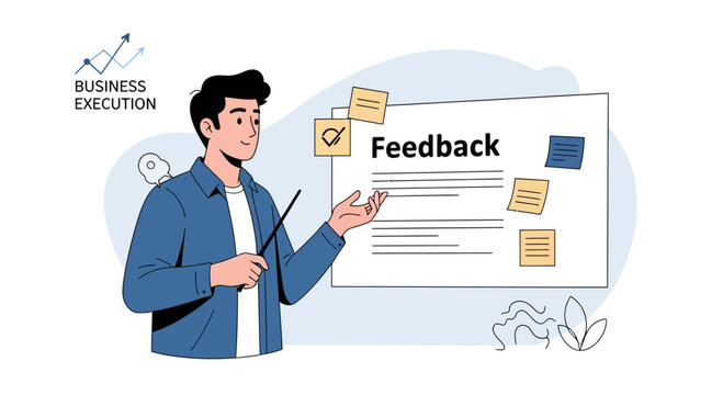 Man presenting feedback board with sticky notes and checkmark
