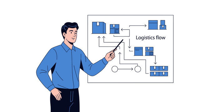 Man presenting logistics flow chart with boxes and arrows on white background