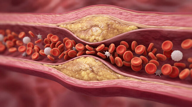 Blocked blood vessel artery poor circulation risks heart health concept. Detailed illustration of blood flow and arterial health.