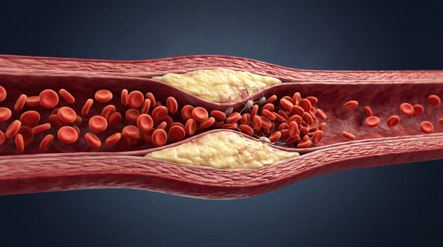Blocked blood vessel artery poor circulation risks heart health concept. Detailed illustration of blood flow in a human artery.