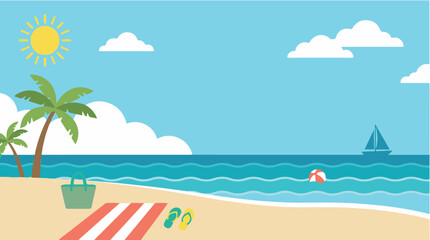 Obraz premium Relaxing tropical beach scene with palm trees, ocean waves, sunny sky, and summer vacation elements in flat vector style.