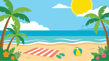 Obraz premium Sunny tropical beach illustration with palm trees, ocean waves, beach towel, and summer vacation elements in colorful vector style.
