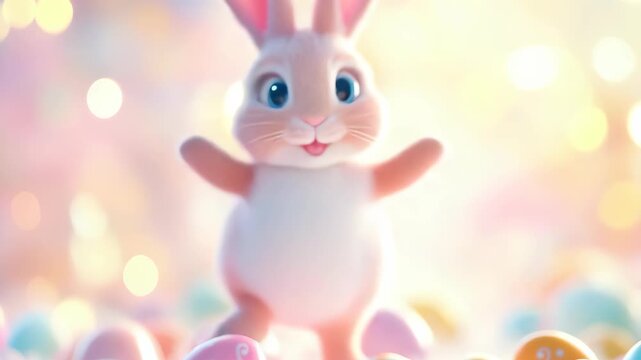 A small bunny hops around bright eggs, exploring its surroundings. The setting has soft lights and a joyful atmosphere. The bunny shows excitement and curiosity in this fun moment