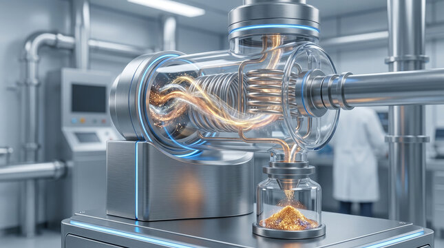Extraction process of precious rare earth elements refinement concept. Detailed view of advanced technology in a laboratory setting.