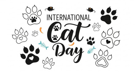 Fototapeta premium International cat day celebration with paw prints and fish illustrations on white background