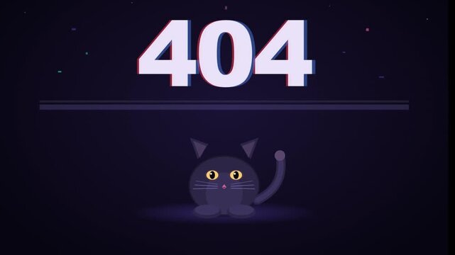 Animated 404 error page not found glitch effect with cute cat character for website error pages, app development content, tech humor videos, and user experience design presentations
