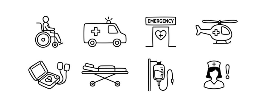 Emergency medical icon set, ambulance helicopter nurse and hospital care vector collection isolated on transparent background